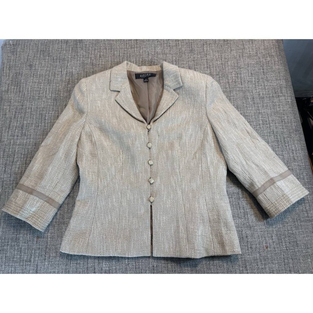 Kasper Blazer Size 12 Long Sleeve Lined Five Button Beige Lined‎ And Striped